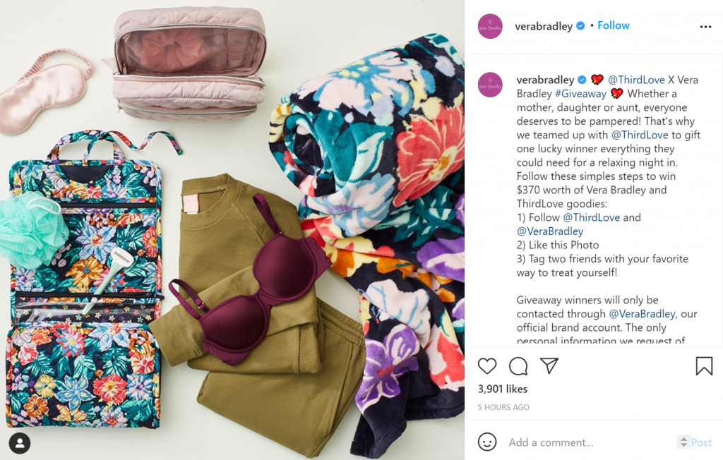 Screenshot of Vera Bradley’s giveaway on Instagram